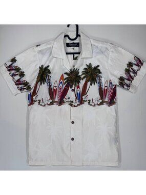 Hawaiian Aloha Shirt White Surfboard Surfing Palm Hibiscus Print Cotton S Vtg